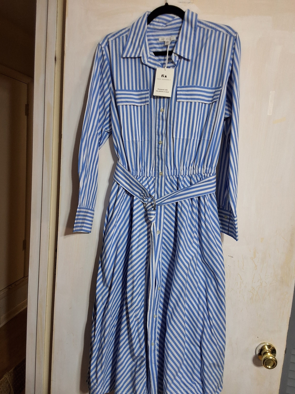 Striped Long-Sleeve Shirt Dress with Waist Tie in Blue and White XL